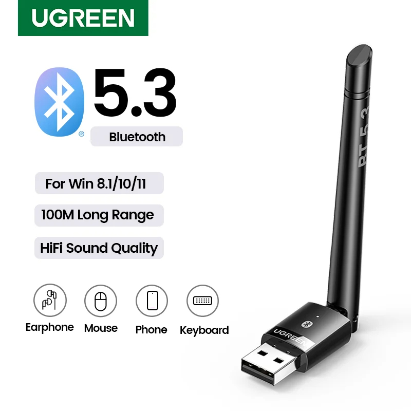 Ugreen 15610 bt v5.3 có antenna phát xa 100m theo 1 hướng không vật cản usb Bluetooth 5.3